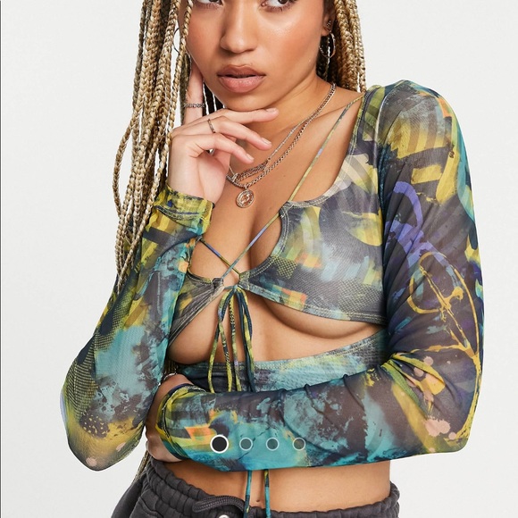 Jaded London Long Sleeve Mesh Abstract Crop Top - Picture 2 of 6